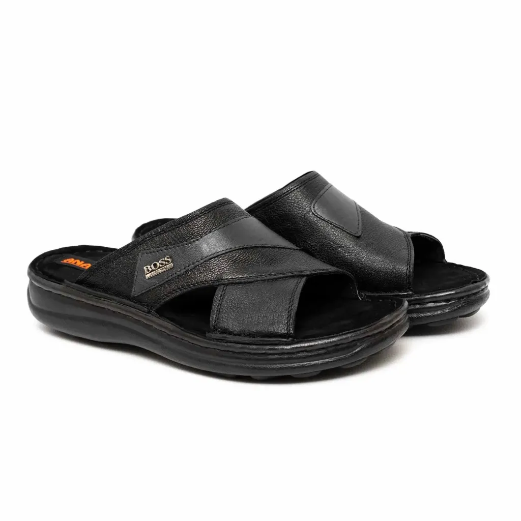 [632] Shahin Men’s Leather Slippers (Floater) (40, Black)