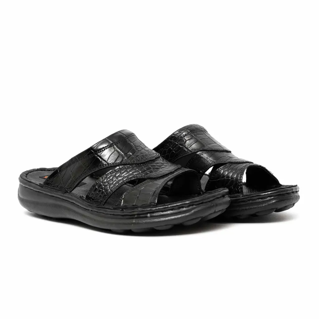 [674] Taha Men’s Leather Slippers (Croco) (40, Black)